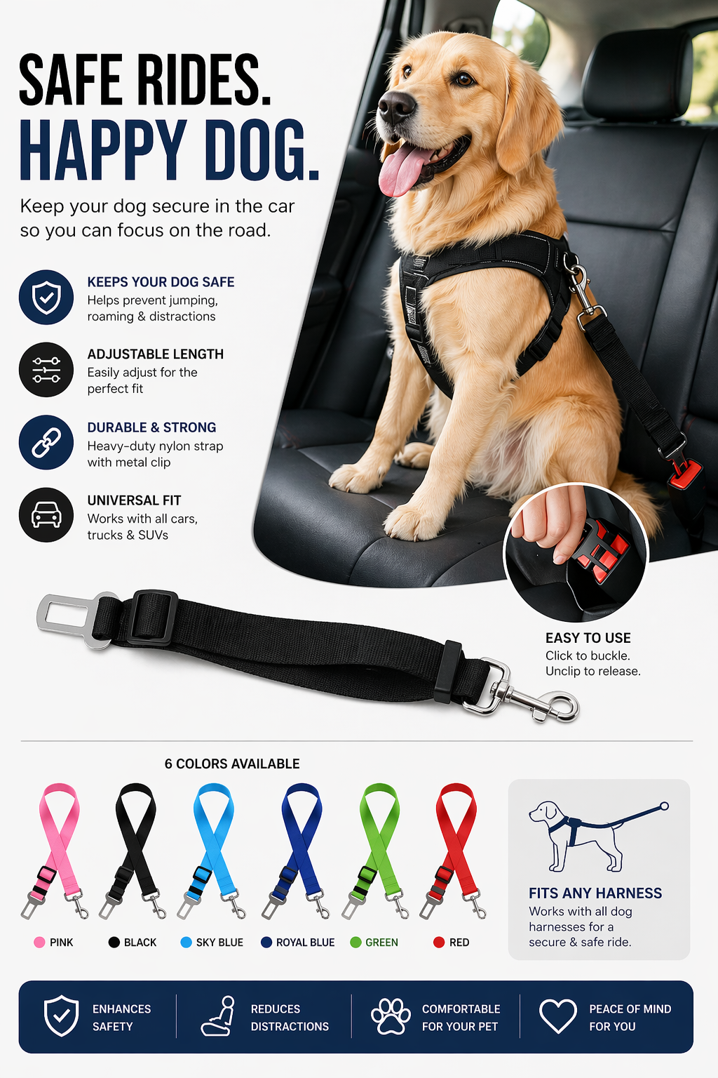 Adjustable Pet Car Seat Belt – Secure & Tangle-Free