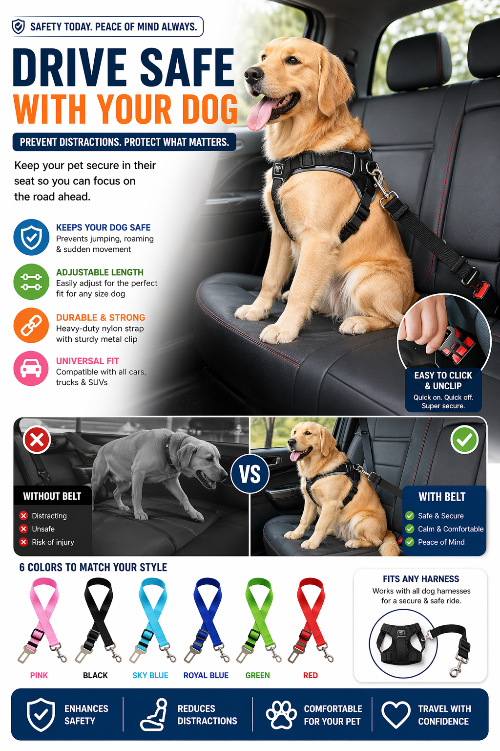 Adjustable Pet Car Seat Belt – Secure & Tangle-Free